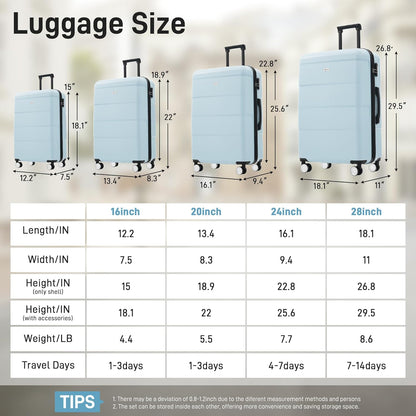 Hardshell Luggage Set, Travel Suitcase Set | Carry on suitcase,Travel luggage set with double spinner wheels and lock.14" 20" 24" 28"+Duffel Bag+Toiletry Bag - Colors A