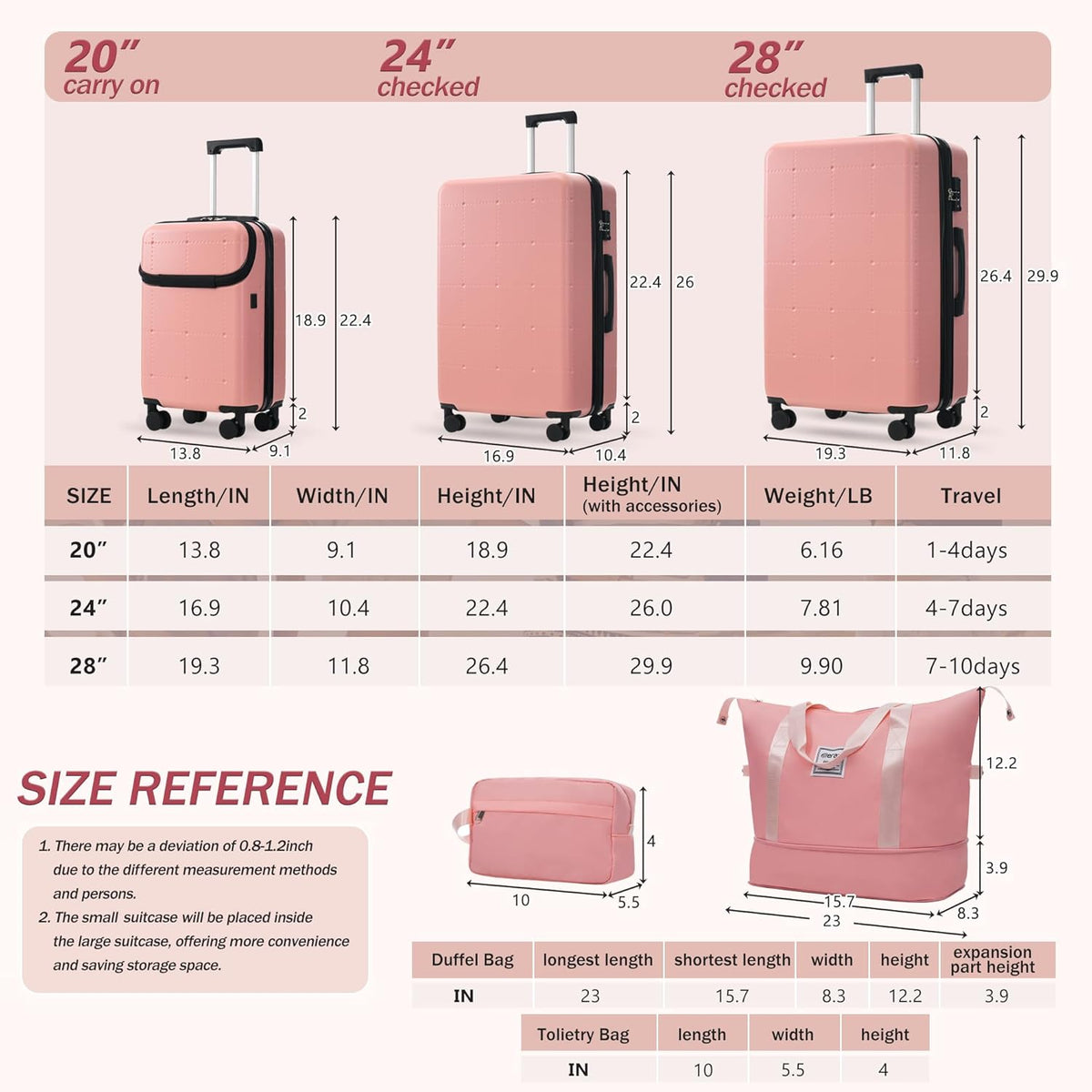 Hardshell Luggage Set, Travel Suitcase Set | Carry on suitcase,Travel luggage set with double spinner wheels and lock.14" 20" 24" 28"+Duffel Bag+Toiletry Bag - Colors A