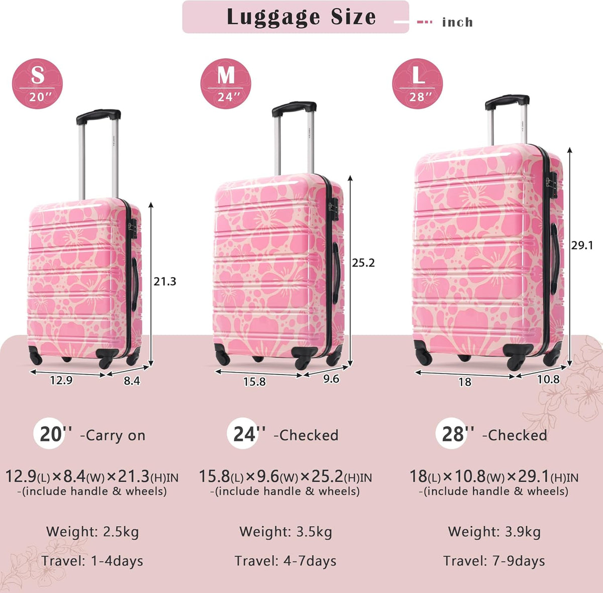 Hardshell Luggage Set, Travel Suitcase Set | Carry on suitcase,Travel luggage set with double spinner wheels and lock.14" 20" 24" 28"+Duffel Bag+Toiletry Bag - Colors A