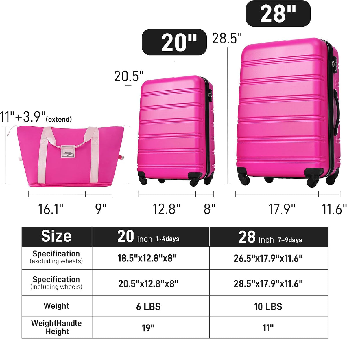 Hardshell Luggage Set, Travel Suitcase Set | Carry on suitcase,Travel luggage set with double spinner wheels and lock.14" 20" 24" 28"+Duffel Bag+Toiletry Bag - Colors A