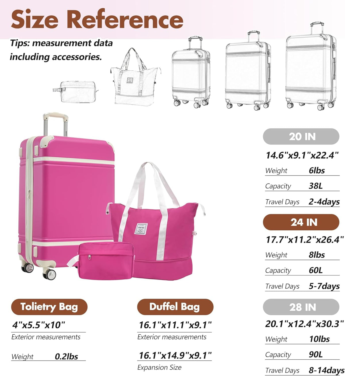 Hardshell Luggage Set, Travel Suitcase Set | Carry on suitcase,Travel luggage set with double spinner wheels and lock.14" 20" 24" 28"+Duffel Bag+Toiletry Bag - Colors A