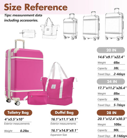 Hardshell Luggage Set, Travel Suitcase Set | Carry on suitcase,Travel luggage set with double spinner wheels and lock.14" 20" 24" 28"+Duffel Bag+Toiletry Bag - Colors A