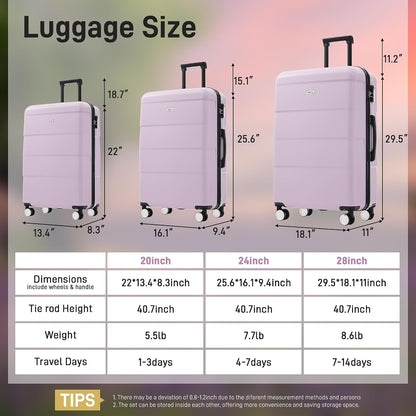 Hardshell Luggage Set, Travel Suitcase Set | Carry on suitcase,Travel luggage set with double spinner wheels and lock.14" 20" 24" 28"+Duffel Bag+Toiletry Bag - Colors A
