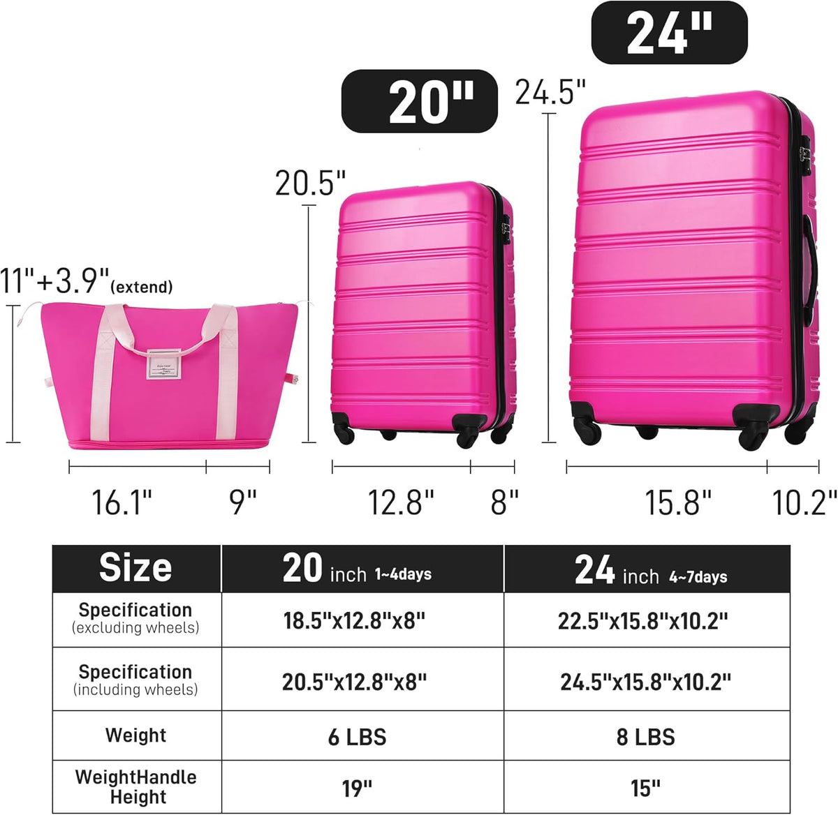 Hardshell Luggage Set, Travel Suitcase Set | Carry on suitcase,Travel luggage set with double spinner wheels and lock.14" 20" 24" 28"+Duffel Bag+Toiletry Bag - Colors A