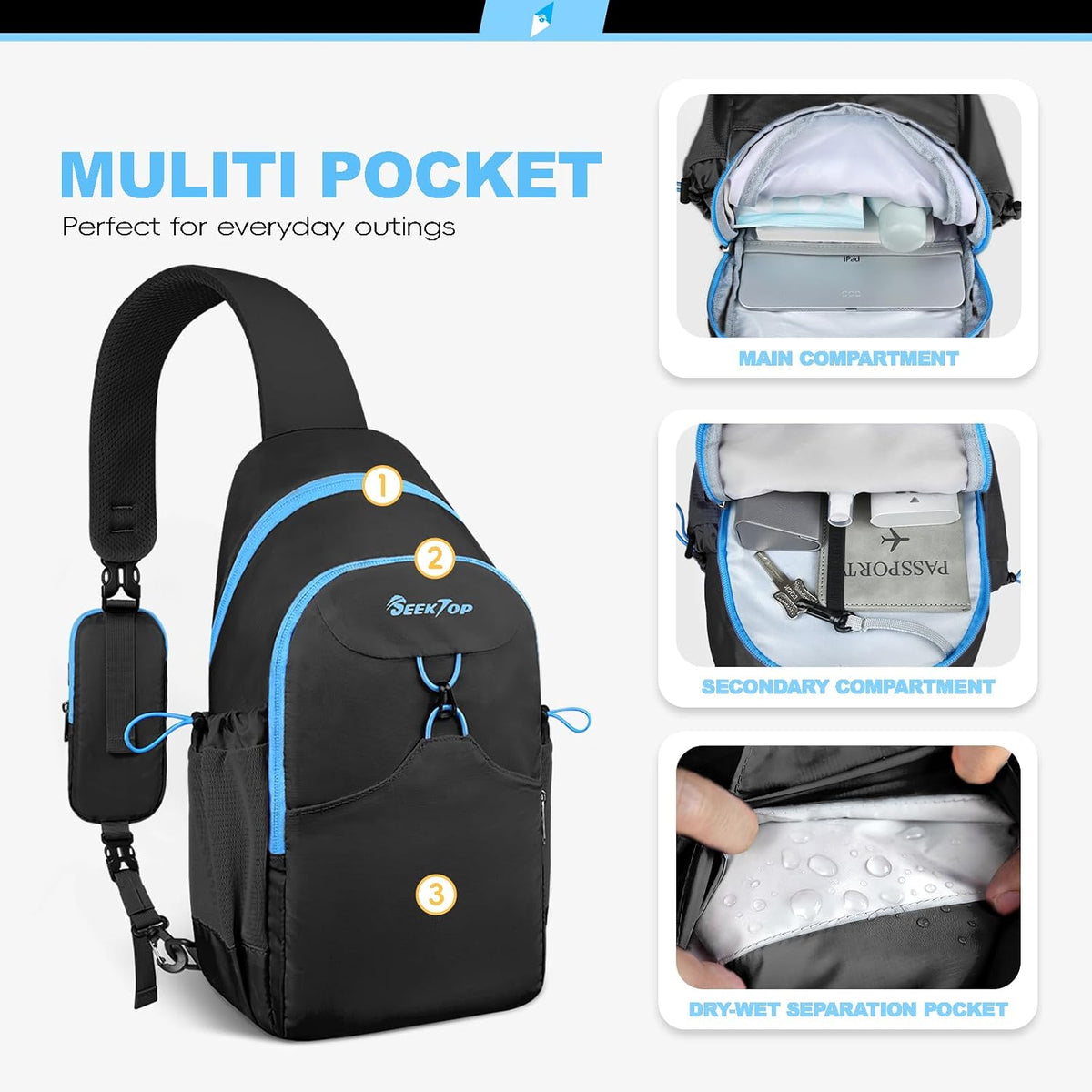 Seektop RFID Anti-Theft Crossbody Bag Sling Backpack for Women & Men, Casual Chest Daypack for Daily Travel