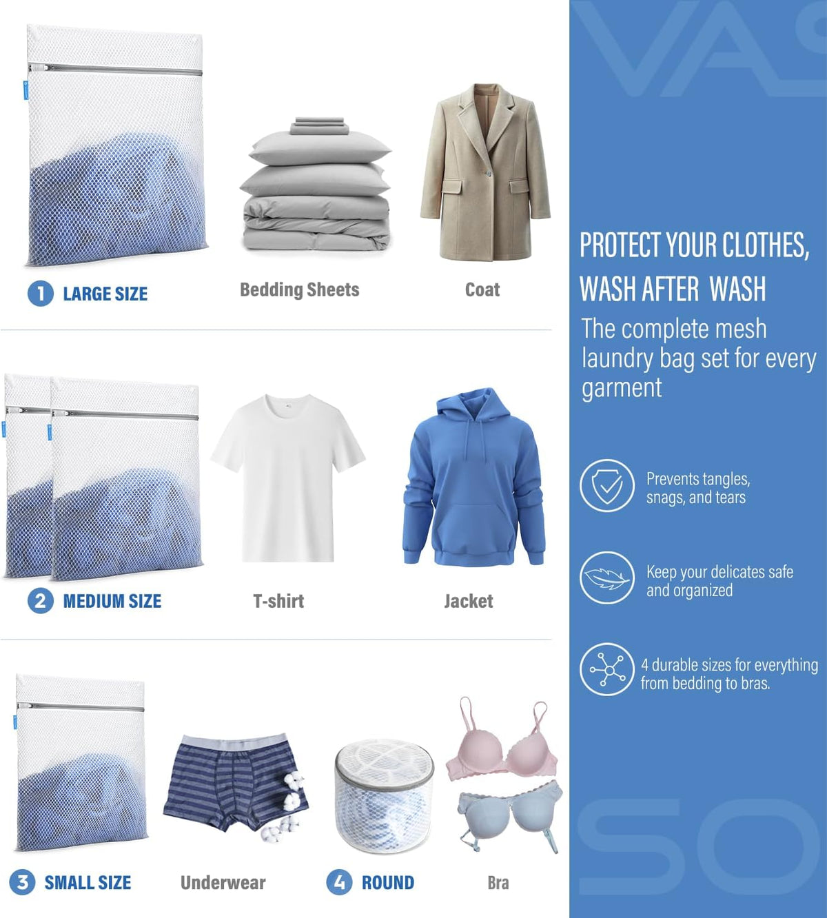 Premium Mesh Laundry Bags for Delicates with Auto-Lock Zipper - Durable Washing Bag Set for Blouse, Hosiery, Underwear, Bra, and Shoes ((Delicates))