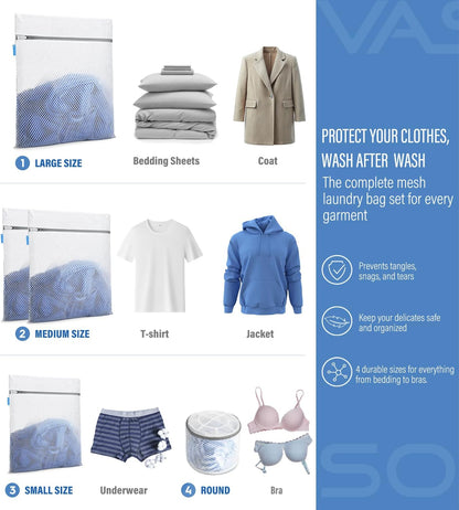 Premium Mesh Laundry Bags for Delicates with Auto-Lock Zipper - Durable Washing Bag Set for Blouse, Hosiery, Underwear, Bra, and Shoes ((Delicates))