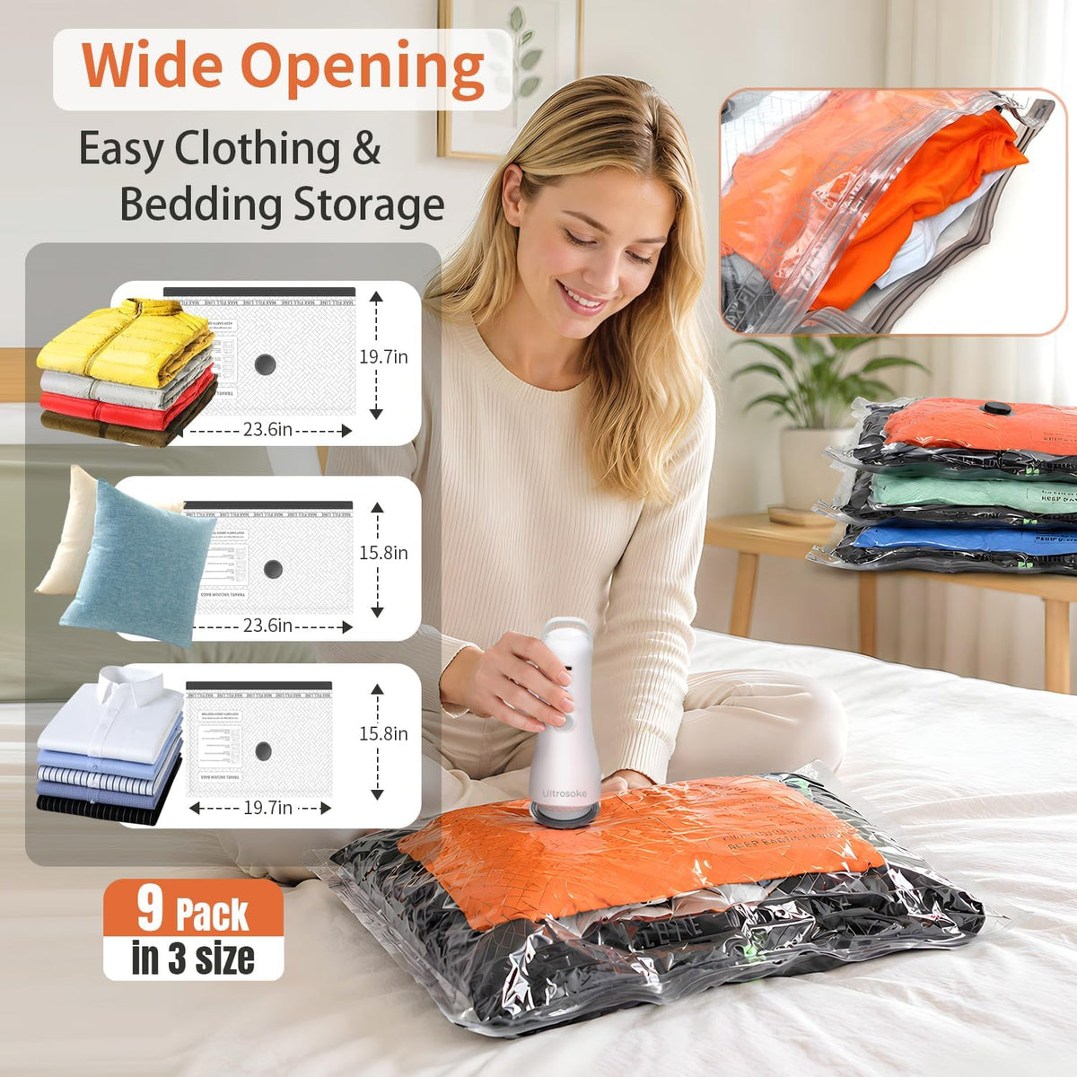 Vacuum Seal Bags for Clothing Travel Space Saver Storage with Pump Electric | Vacuum Storage Bags for Clothes, Luggage, Suitcase, Seasonal Storage Compression Packing Organizer, 9 Combo Travel Size