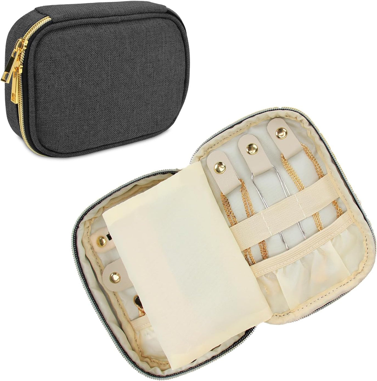 Small Jewelry Travel Case, Portable Jewelry Organizer Bag for Earrings, Necklace, Rings and More (Small, Quilted- Black)