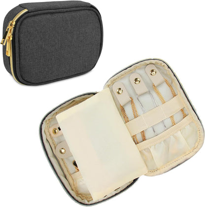 Small Jewelry Travel Case, Portable Jewelry Organizer Bag for Earrings, Necklace, Rings and More (Small, Quilted- Black)