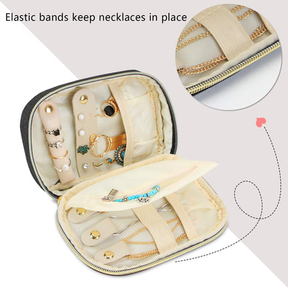Small Jewelry Travel Case, Portable Jewelry Organizer Bag for Earrings, Necklace, Rings and More (Small, Quilted- Black)