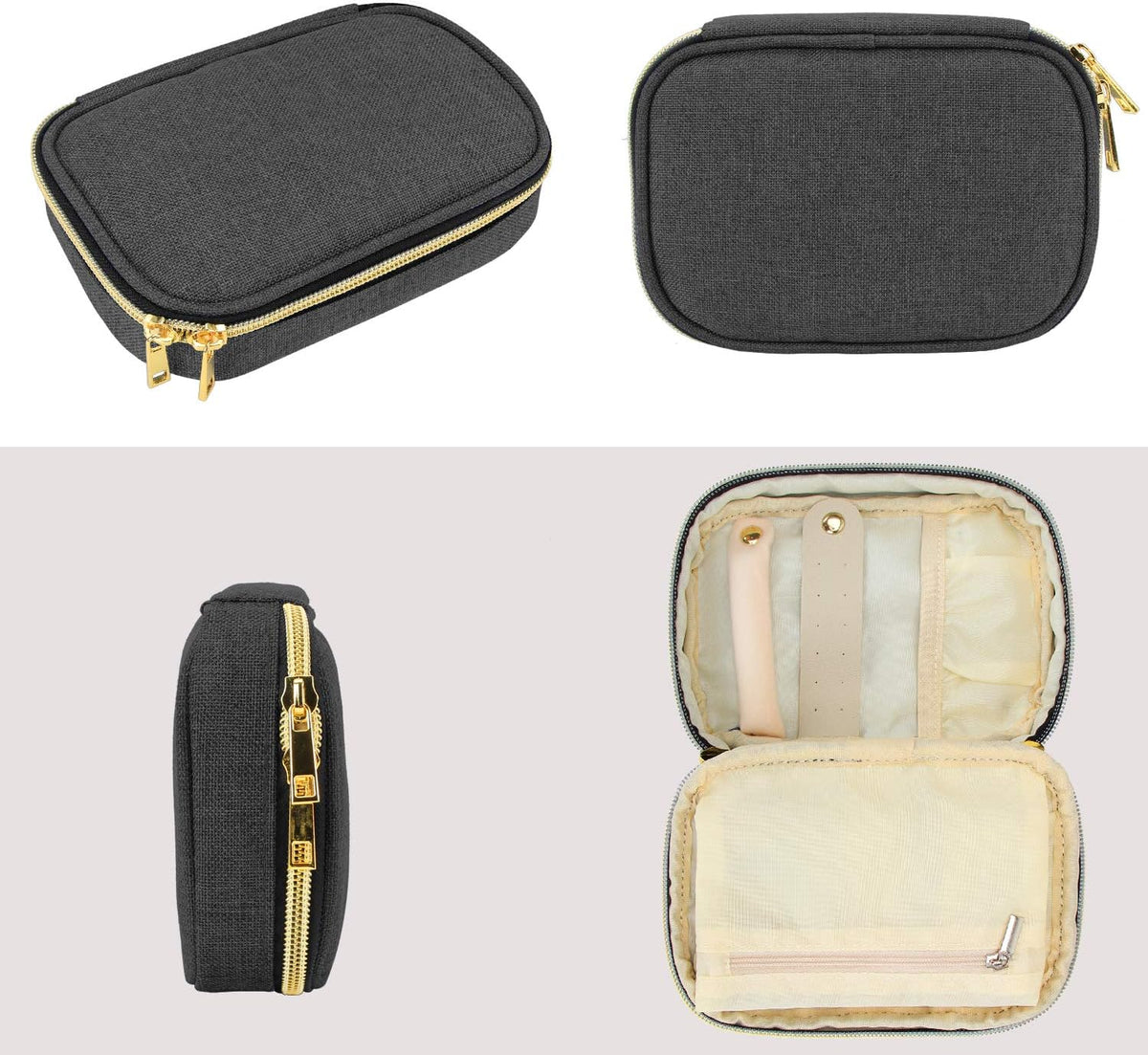 Small Jewelry Travel Case, Portable Jewelry Organizer Bag for Earrings, Necklace, Rings and More (Small, Quilted- Black)
