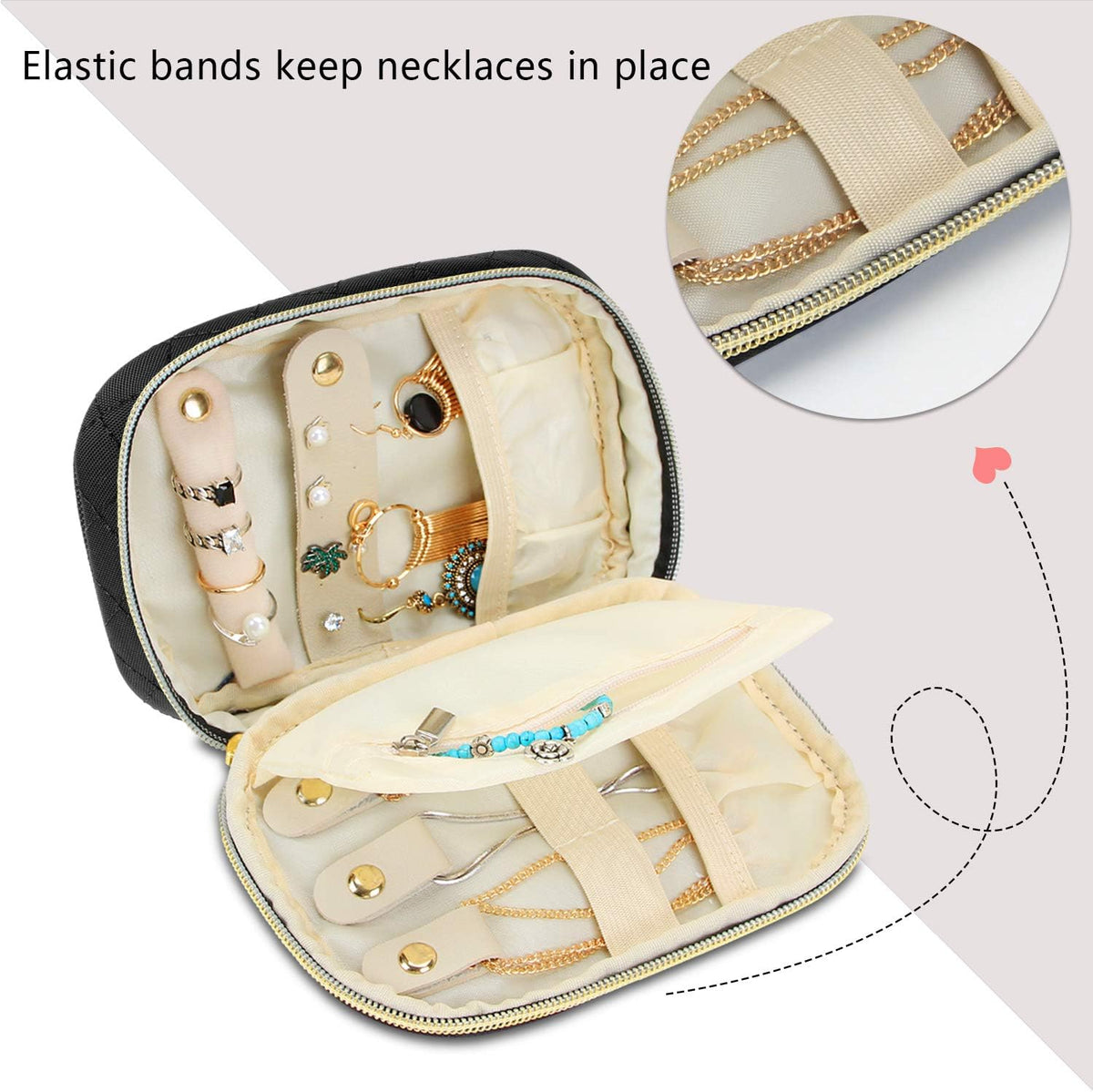 Small Jewelry Travel Case, Portable Jewelry Organizer Bag for Earrings, Necklace, Rings and More (Small, Quilted- Black)