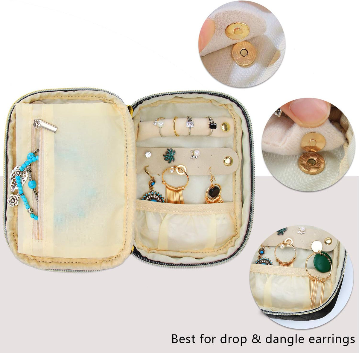 Small Jewelry Travel Case, Portable Jewelry Organizer Bag for Earrings, Necklace, Rings and More (Small, Quilted- Black)