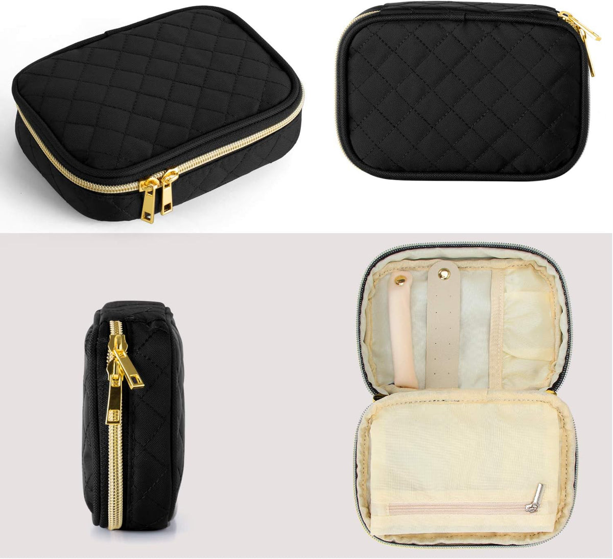 Small Jewelry Travel Case, Portable Jewelry Organizer Bag for Earrings, Necklace, Rings and More (Small, Quilted- Black)