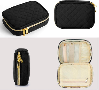 Small Jewelry Travel Case, Portable Jewelry Organizer Bag for Earrings, Necklace, Rings and More (Small, Quilted- Black)