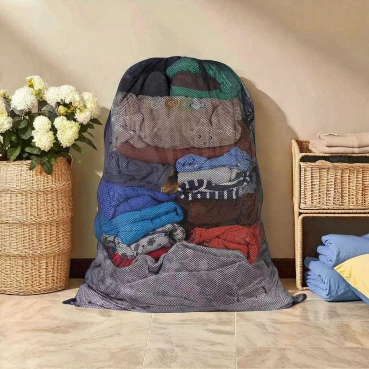 2 Pack Large Mesh Laundry Bag, 27×36inch Black Laundry Hamper Liner, Heavy Duty Mesh Laundry Bags Drawstring Lockable, Machine Washable, for Ball Storage, Travel, Toys, Sports Factories, Dorms