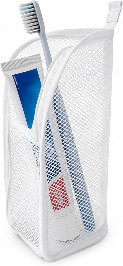 Standing Toiletry Bag, Foldable Clear Hanging Travel Organizer, Lightweight Water-Resistant EVA Cosmetic Bag with Mesh Pocket & Zipper, Portable Bathroom/Desktop Storage Bag, White