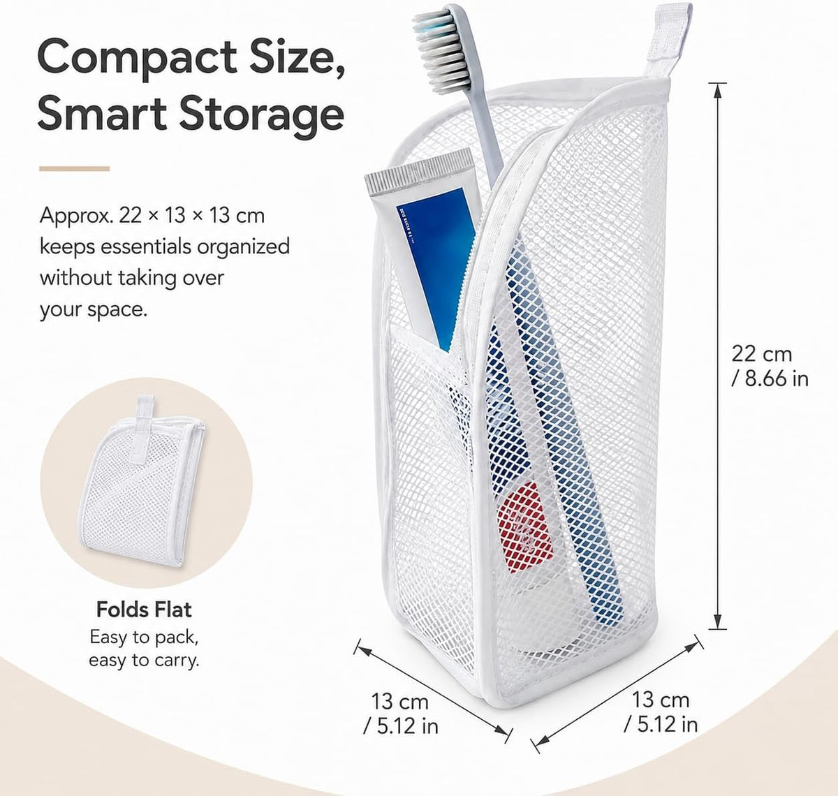 Standing Toiletry Bag, Foldable Clear Hanging Travel Organizer, Lightweight Water-Resistant EVA Cosmetic Bag with Mesh Pocket & Zipper, Portable Bathroom/Desktop Storage Bag, White