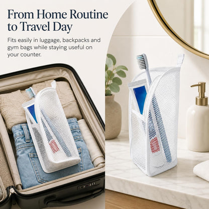 Standing Toiletry Bag, Foldable Clear Hanging Travel Organizer, Lightweight Water-Resistant EVA Cosmetic Bag with Mesh Pocket & Zipper, Portable Bathroom/Desktop Storage Bag, White