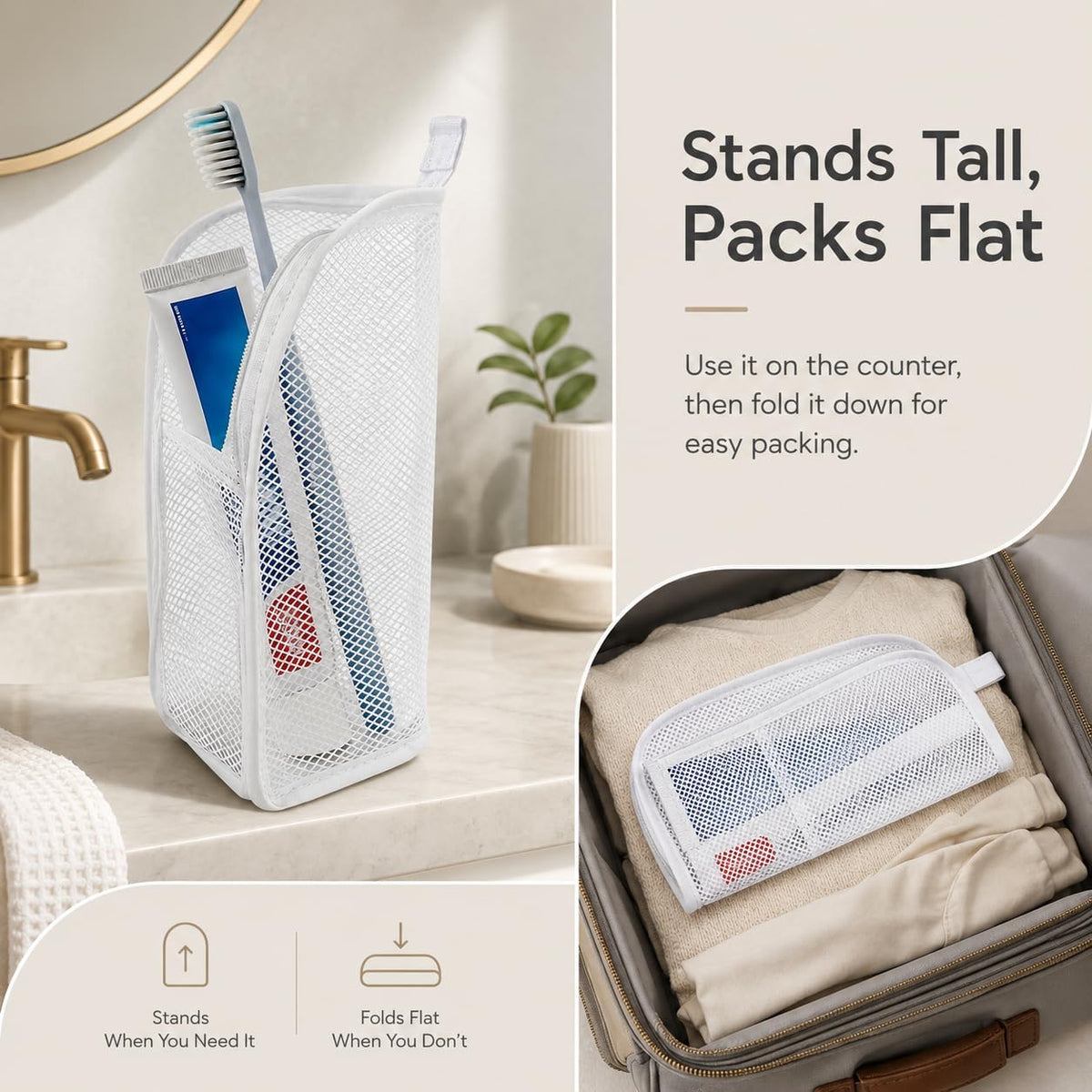 Standing Toiletry Bag, Foldable Clear Hanging Travel Organizer, Lightweight Water-Resistant EVA Cosmetic Bag with Mesh Pocket & Zipper, Portable Bathroom/Desktop Storage Bag, White