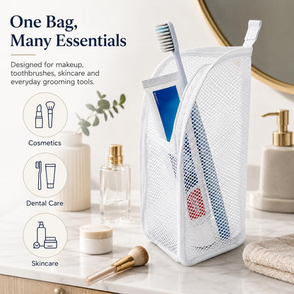 Standing Toiletry Bag, Foldable Clear Hanging Travel Organizer, Lightweight Water-Resistant EVA Cosmetic Bag with Mesh Pocket & Zipper, Portable Bathroom/Desktop Storage Bag, White