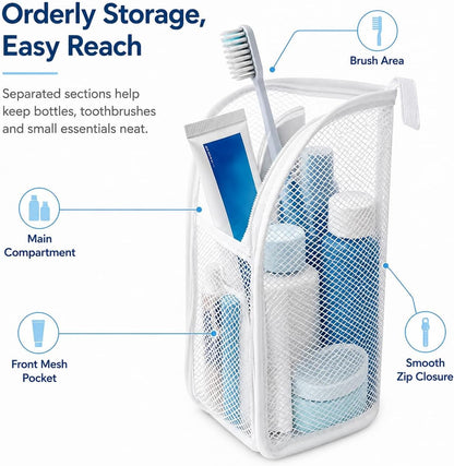 Standing Toiletry Bag, Foldable Clear Hanging Travel Organizer, Lightweight Water-Resistant EVA Cosmetic Bag with Mesh Pocket & Zipper, Portable Bathroom/Desktop Storage Bag, White