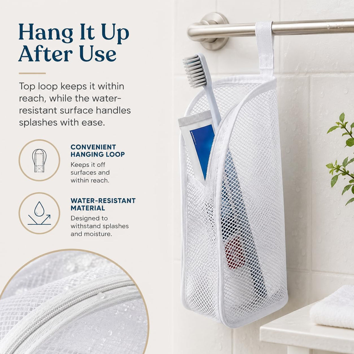 Standing Toiletry Bag, Foldable Clear Hanging Travel Organizer, Lightweight Water-Resistant EVA Cosmetic Bag with Mesh Pocket & Zipper, Portable Bathroom/Desktop Storage Bag, White