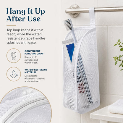 Standing Toiletry Bag, Foldable Clear Hanging Travel Organizer, Lightweight Water-Resistant EVA Cosmetic Bag with Mesh Pocket & Zipper, Portable Bathroom/Desktop Storage Bag, White
