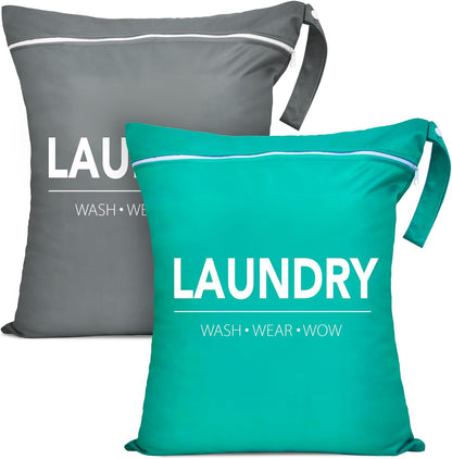 2 Pcs Large Travel Laundry Bags - Waterproof Wet/Dry, Washable, Drawstring, Bathing Suit, Workout, Gym Clothes, Swimming, Yoga - Green, Grey