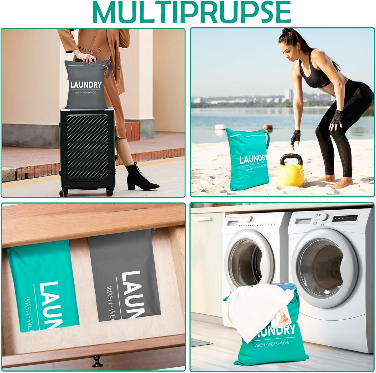 2 Pcs Large Travel Laundry Bags - Waterproof Wet/Dry, Washable, Drawstring, Bathing Suit, Workout, Gym Clothes, Swimming, Yoga - Green, Grey