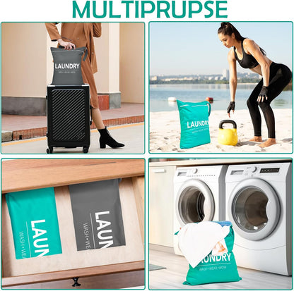 2 Pcs Large Travel Laundry Bags - Waterproof Wet/Dry, Washable, Drawstring, Bathing Suit, Workout, Gym Clothes, Swimming, Yoga - Green, Grey
