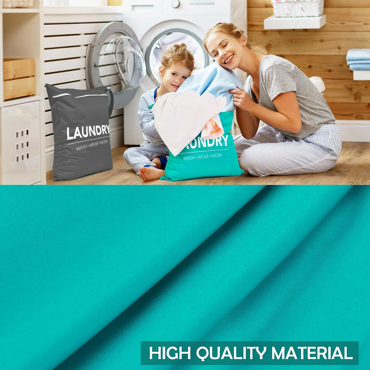 2 Pcs Large Travel Laundry Bags - Waterproof Wet/Dry, Washable, Drawstring, Bathing Suit, Workout, Gym Clothes, Swimming, Yoga - Green, Grey