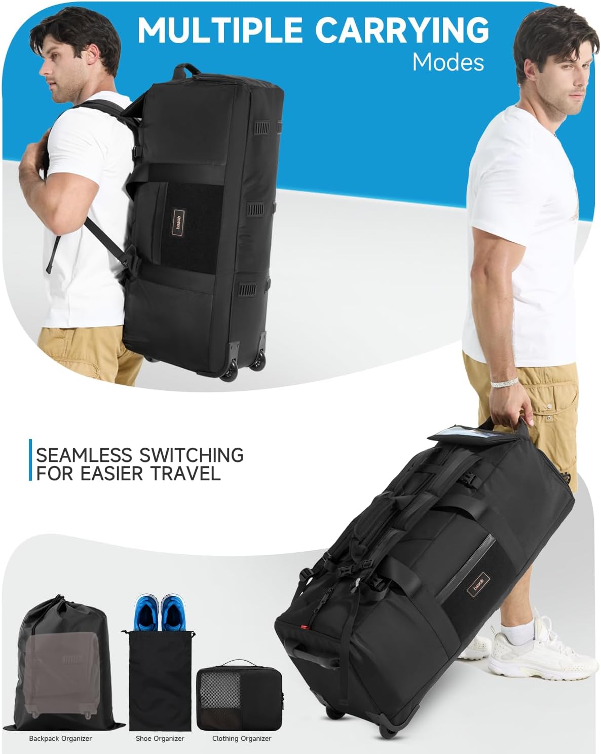 90L Rolling Duffel Bag with Wheels, 4-way Carry Foldable Large Travel Duffle with Backpack Straps & Shoe Compartment, Heavy Duty Luggage for Weekend, Camping, Moving, Includes 3 Organizers