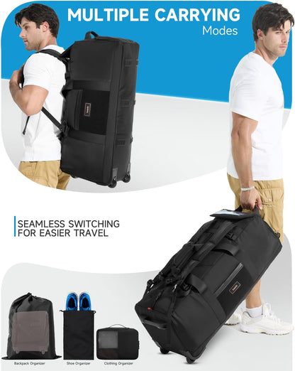 90L Rolling Duffel Bag with Wheels, 4-way Carry Foldable Large Travel Duffle with Backpack Straps & Shoe Compartment, Heavy Duty Luggage for Weekend, Camping, Moving, Includes 3 Organizers