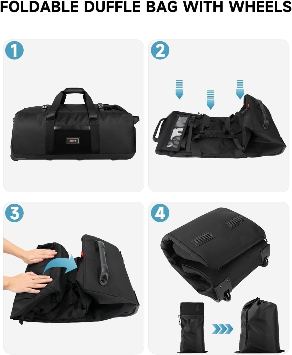 90L Rolling Duffel Bag with Wheels, 4-way Carry Foldable Large Travel Duffle with Backpack Straps & Shoe Compartment, Heavy Duty Luggage for Weekend, Camping, Moving, Includes 3 Organizers