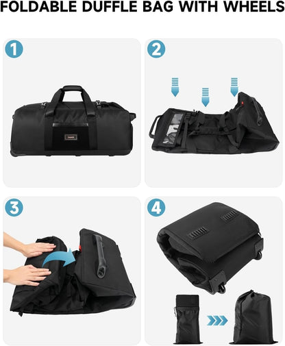90L Rolling Duffel Bag with Wheels, 4-way Carry Foldable Large Travel Duffle with Backpack Straps & Shoe Compartment, Heavy Duty Luggage for Weekend, Camping, Moving, Includes 3 Organizers