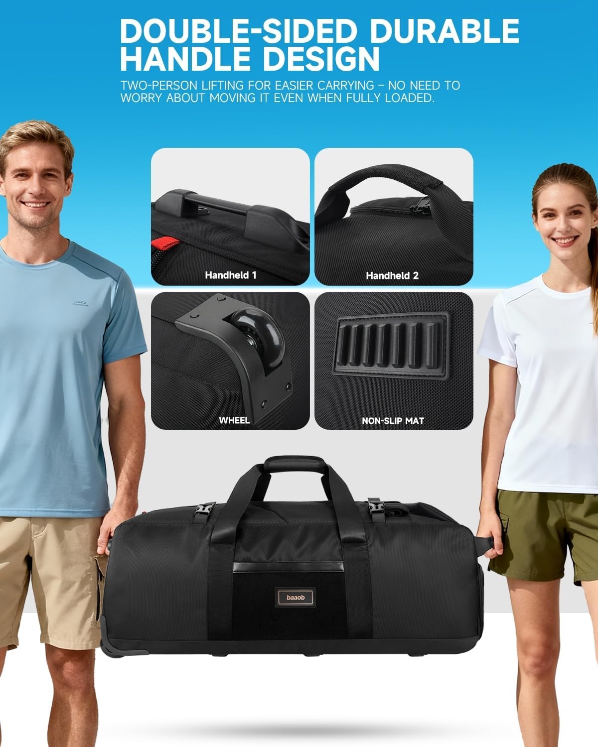 90L Rolling Duffel Bag with Wheels, 4-way Carry Foldable Large Travel Duffle with Backpack Straps & Shoe Compartment, Heavy Duty Luggage for Weekend, Camping, Moving, Includes 3 Organizers