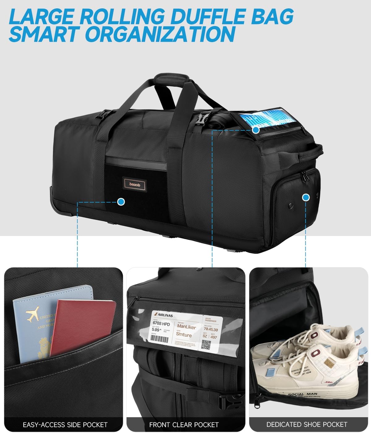 90L Rolling Duffel Bag with Wheels, 4-way Carry Foldable Large Travel Duffle with Backpack Straps & Shoe Compartment, Heavy Duty Luggage for Weekend, Camping, Moving, Includes 3 Organizers