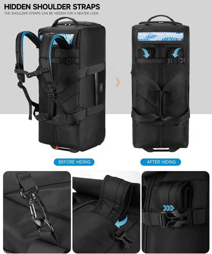 90L Rolling Duffel Bag with Wheels, 4-way Carry Foldable Large Travel Duffle with Backpack Straps & Shoe Compartment, Heavy Duty Luggage for Weekend, Camping, Moving, Includes 3 Organizers