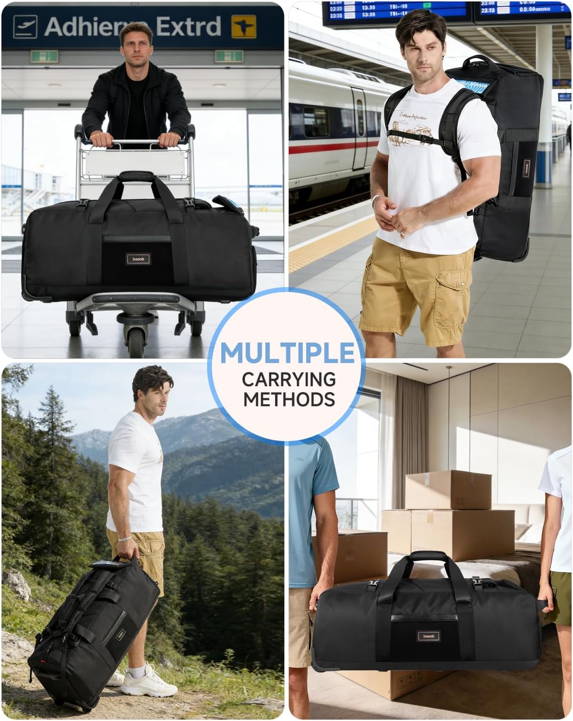 90L Rolling Duffel Bag with Wheels, 4-way Carry Foldable Large Travel Duffle with Backpack Straps & Shoe Compartment, Heavy Duty Luggage for Weekend, Camping, Moving, Includes 3 Organizers