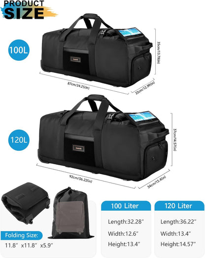 90L Rolling Duffel Bag with Wheels, 4-way Carry Foldable Large Travel Duffle with Backpack Straps & Shoe Compartment, Heavy Duty Luggage for Weekend, Camping, Moving, Includes 3 Organizers