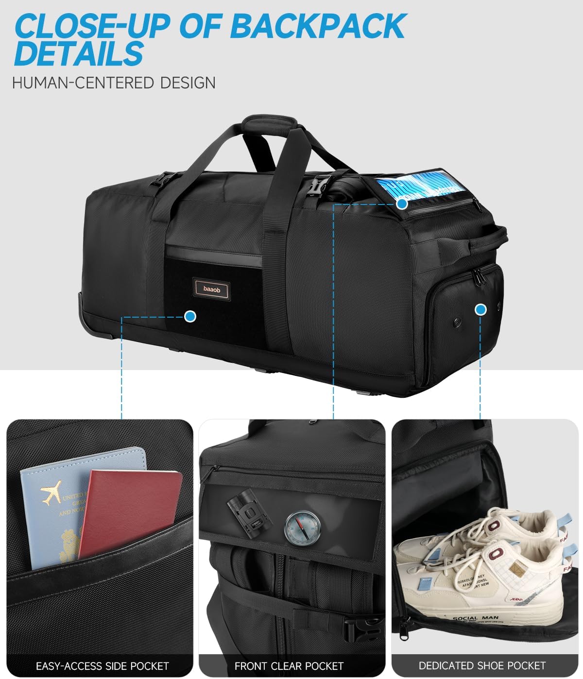 90L Rolling Duffel Bag with Wheels, 4-way Carry Foldable Large Travel Duffle with Backpack Straps & Shoe Compartment, Heavy Duty Luggage for Weekend, Camping, Moving, Includes 3 Organizers