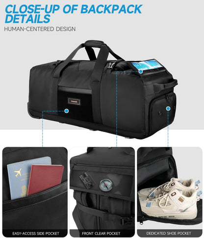 90L Rolling Duffel Bag with Wheels, 4-way Carry Foldable Large Travel Duffle with Backpack Straps & Shoe Compartment, Heavy Duty Luggage for Weekend, Camping, Moving, Includes 3 Organizers