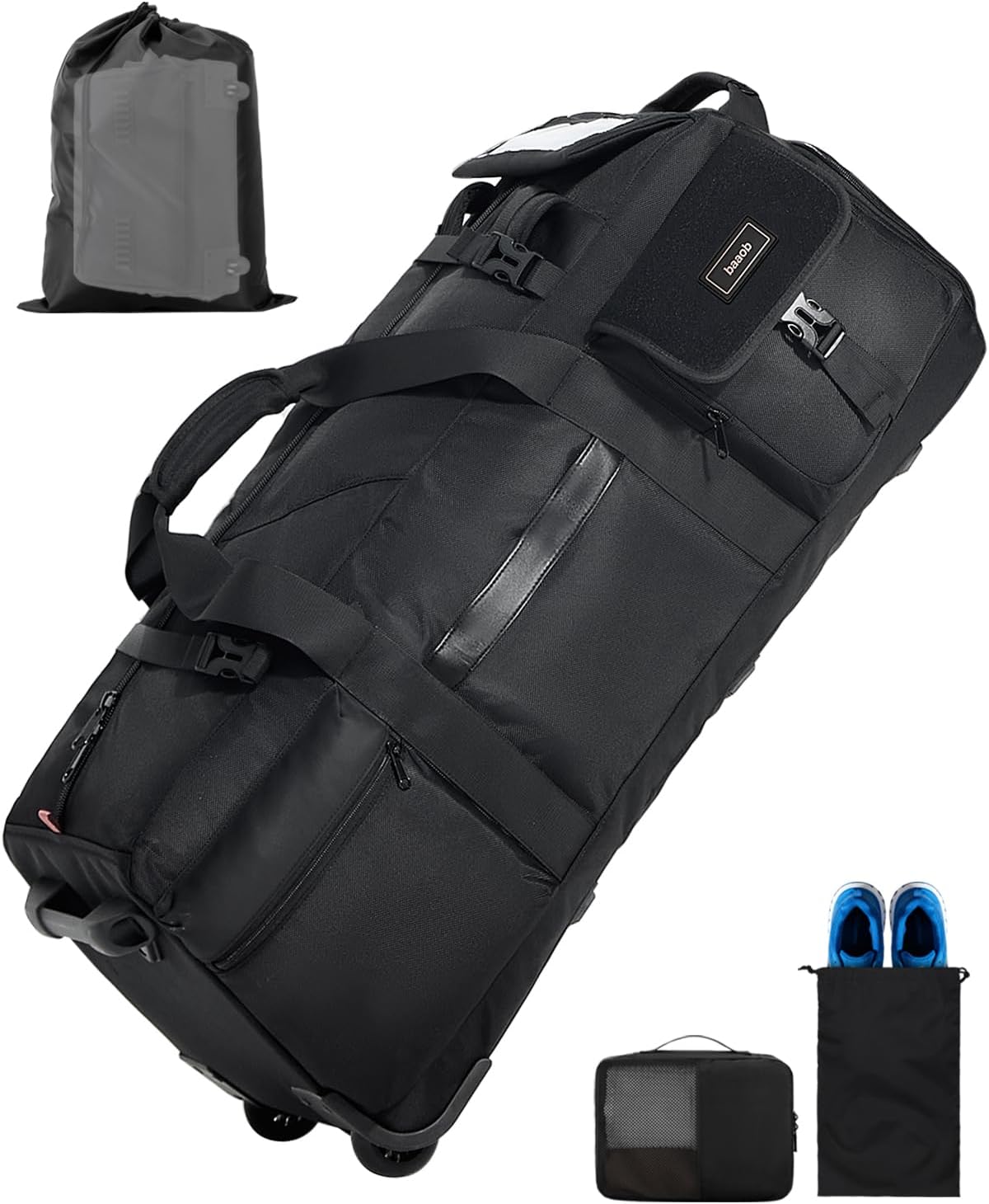 90L Rolling Duffel Bag with Wheels, 4-way Carry Foldable Large Travel Duffle with Backpack Straps & Shoe Compartment, Heavy Duty Luggage for Weekend, Camping, Moving, Includes 3 Organizers