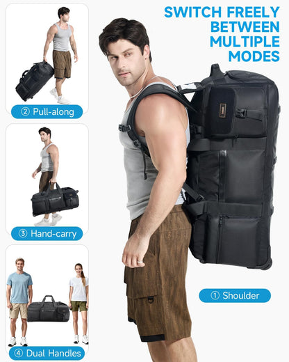 90L Rolling Duffel Bag with Wheels, 4-way Carry Foldable Large Travel Duffle with Backpack Straps & Shoe Compartment, Heavy Duty Luggage for Weekend, Camping, Moving, Includes 3 Organizers