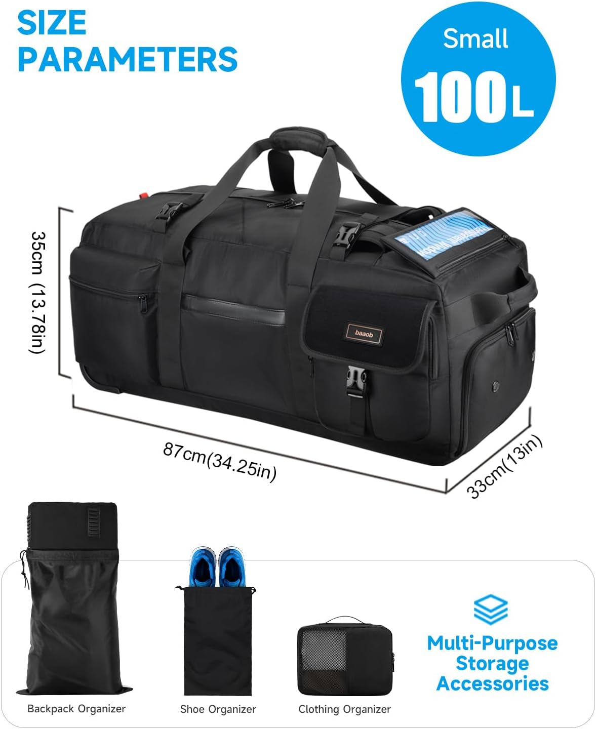 90L Rolling Duffel Bag with Wheels, 4-way Carry Foldable Large Travel Duffle with Backpack Straps & Shoe Compartment, Heavy Duty Luggage for Weekend, Camping, Moving, Includes 3 Organizers