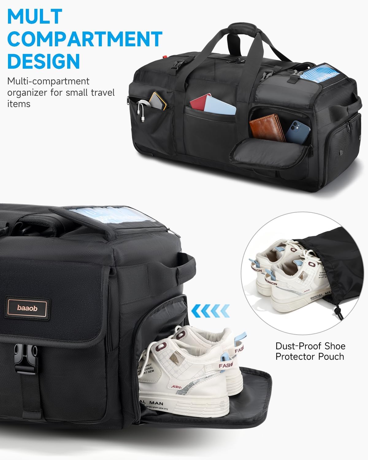90L Rolling Duffel Bag with Wheels, 4-way Carry Foldable Large Travel Duffle with Backpack Straps & Shoe Compartment, Heavy Duty Luggage for Weekend, Camping, Moving, Includes 3 Organizers