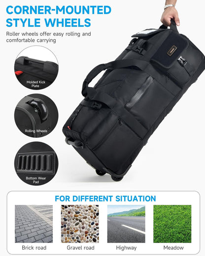 90L Rolling Duffel Bag with Wheels, 4-way Carry Foldable Large Travel Duffle with Backpack Straps & Shoe Compartment, Heavy Duty Luggage for Weekend, Camping, Moving, Includes 3 Organizers