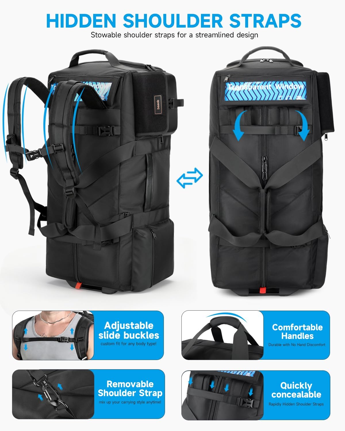 90L Rolling Duffel Bag with Wheels, 4-way Carry Foldable Large Travel Duffle with Backpack Straps & Shoe Compartment, Heavy Duty Luggage for Weekend, Camping, Moving, Includes 3 Organizers